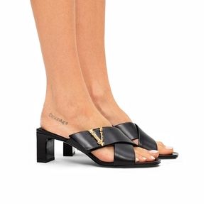 Versace Virtus Calf Leather Curved Block Heel Mule Sandal